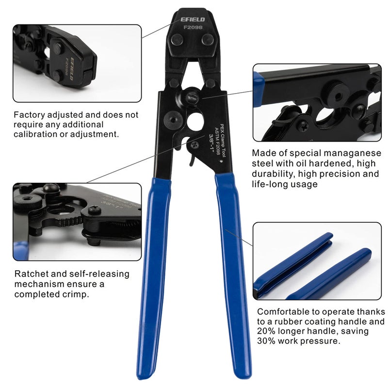 EFIELD Pex Cinch Clamp/Ear Hose Clamps Crimping Tool for Stainless Steel Clamps Sizes from 3/8" to 1" with Metal Pipe Cutter 20pcs 1/2" and 10 pcs 3/4" Clamps Suit all US F2098 Standards,(TOOL003) - Image 3